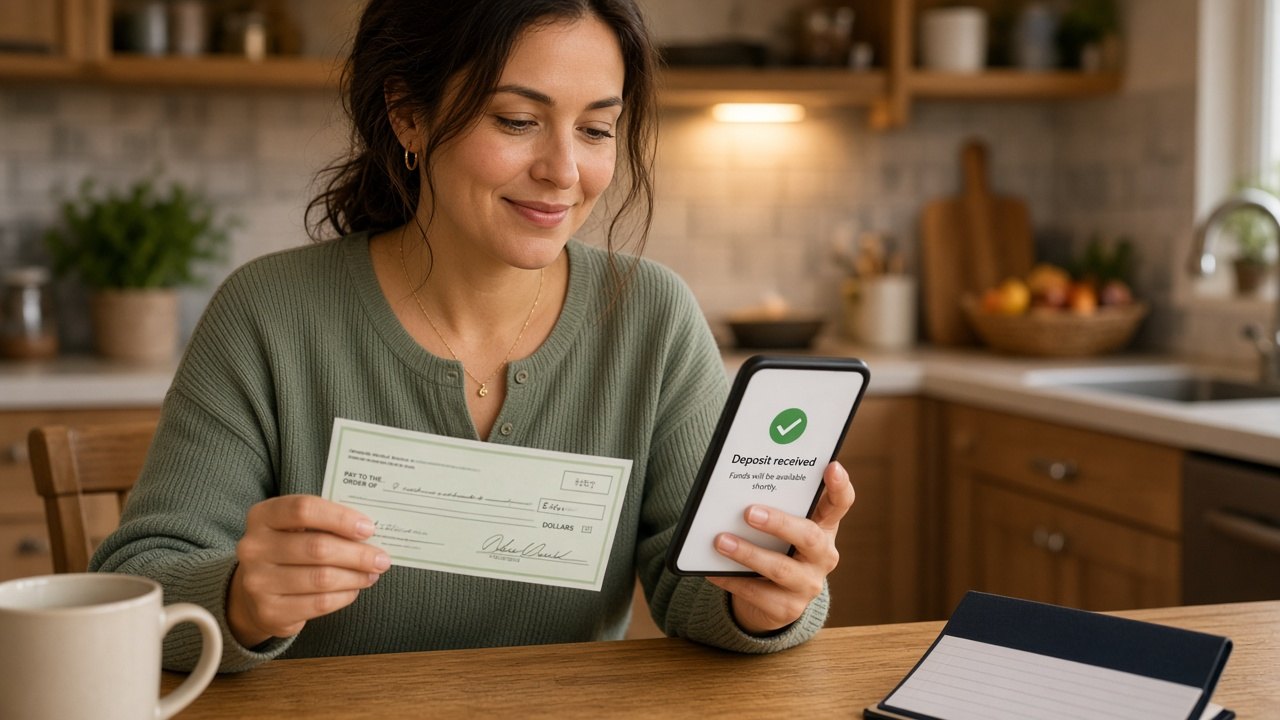 A woman at a kitchen table depositing into her account on her phone