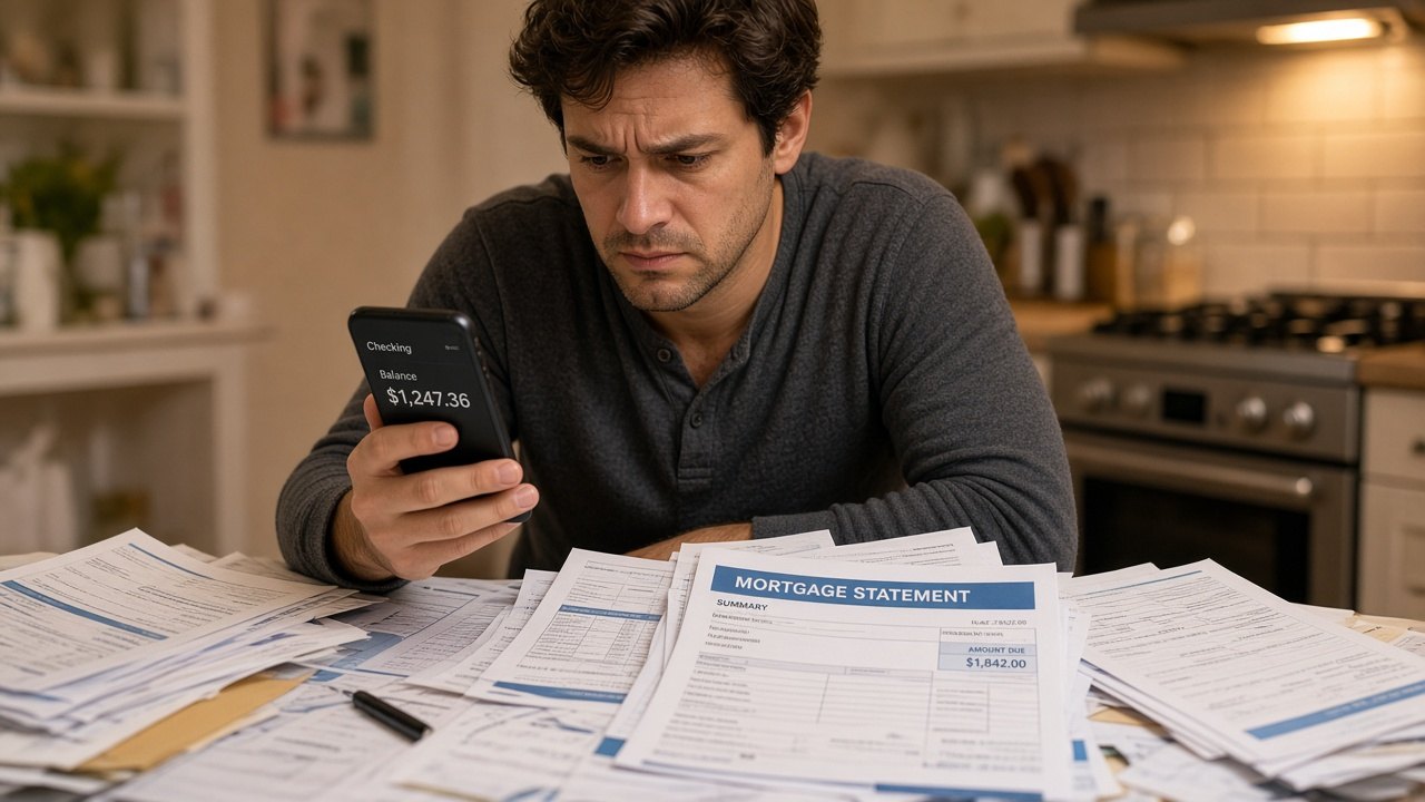 A man at a cluttered kitchen table looking frustrated, with bank papers spread in front of him and a checking account on his phone