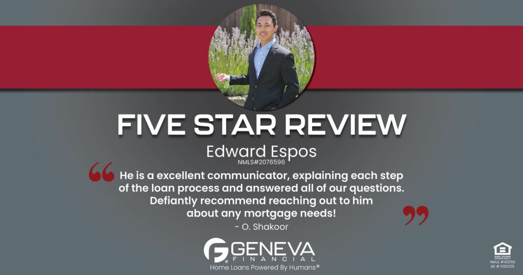 5 Star Review for Edward Espos, Licensed Mortgage Loan Officer with Geneva Financial, Napa, CA – Home Loans Powered by Humans®.