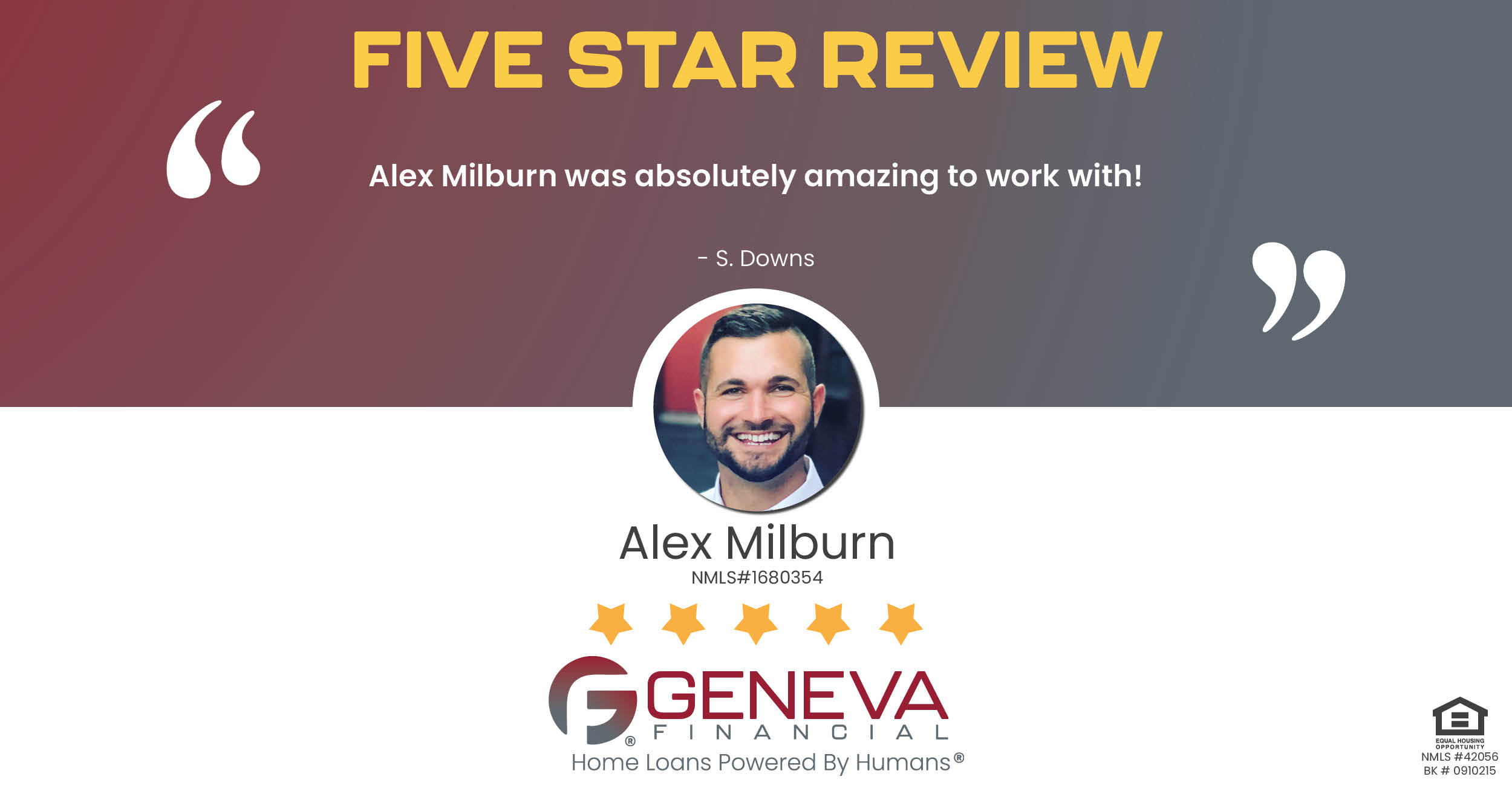 5 Star Review for Alex Milburn, Licensed Mortgage Loan Officer with Geneva Financial, Lexington, Kentucky – Home Loans Powered by Humans®.