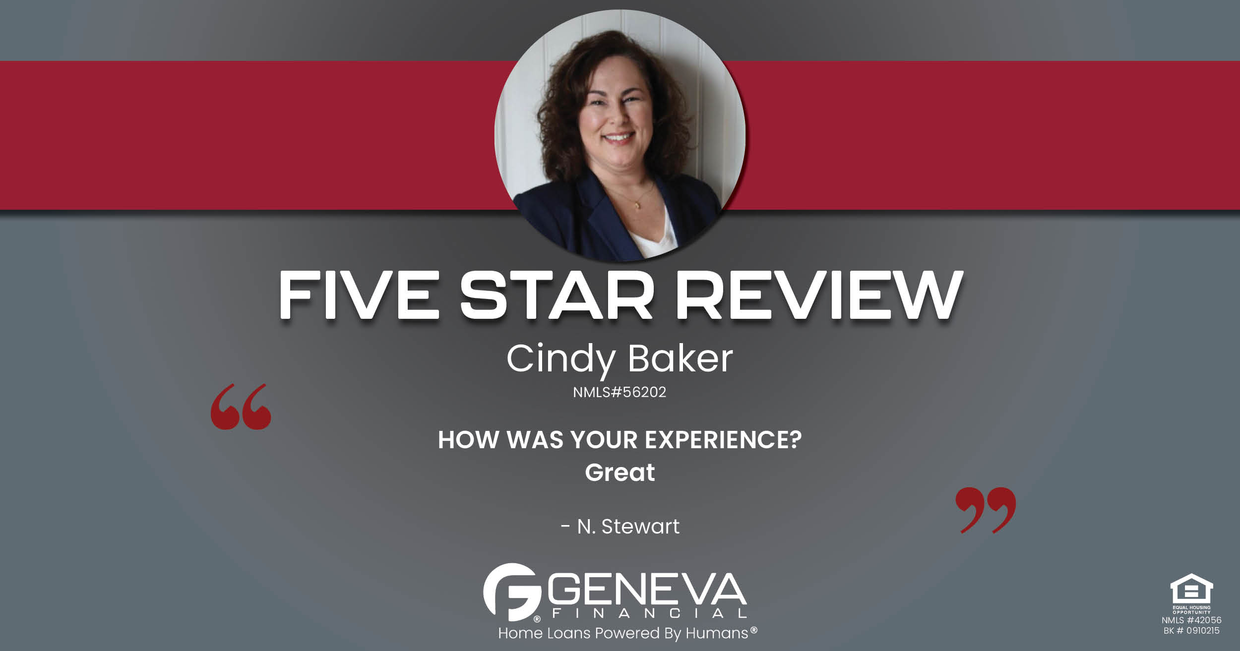 5 Star Review for Cindy Baker, Licensed Mortgage Loan Officer with Geneva Financial, Rising Sun, Indiana – Home Loans Powered by Humans®.