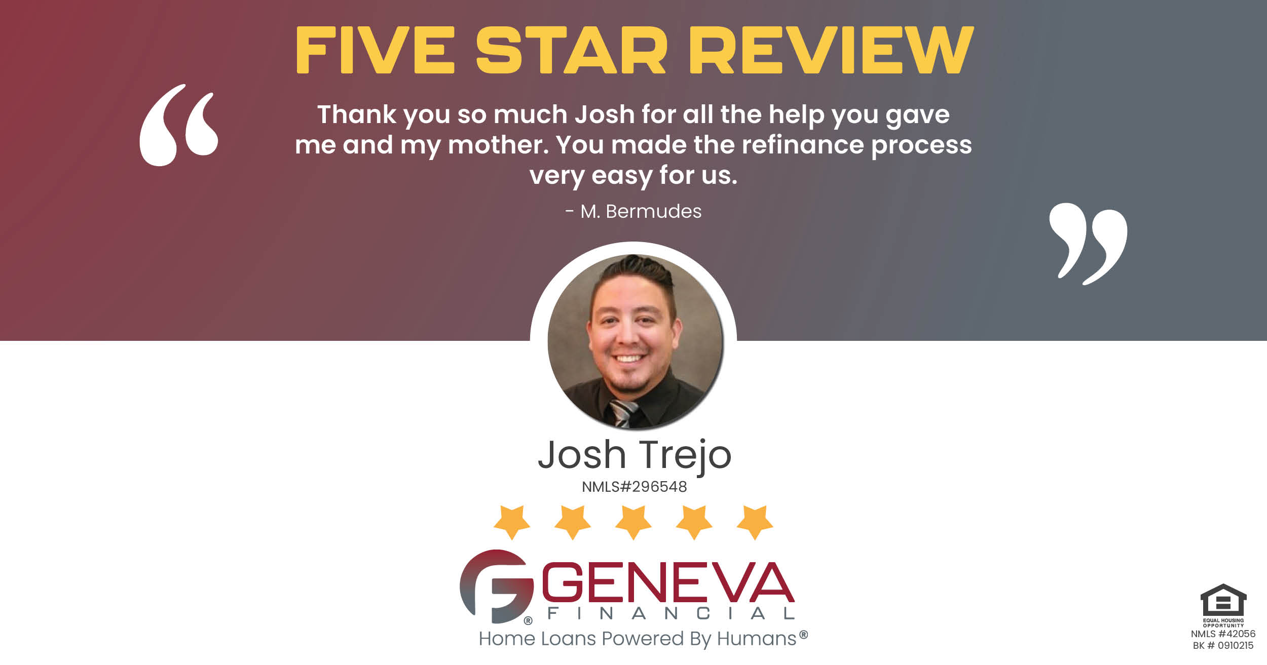 5 Star Review for Josh Trejo, Licensed Mortgage Loan Officer with Geneva Financial, Temecula, California – Home Loans Powered by Humans®.