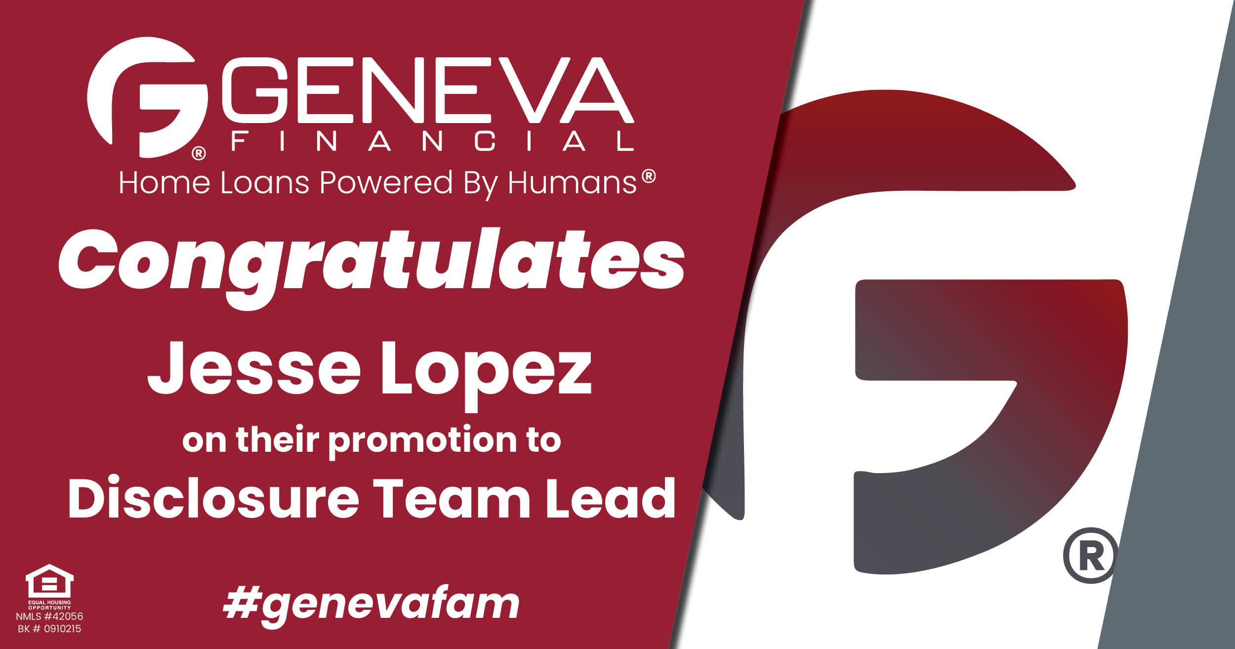 Geneva Financial Congratulates Jesse Lopez for Promotion to Disclosure Team Lead, continuing the outstanding service that Geneva strives for!