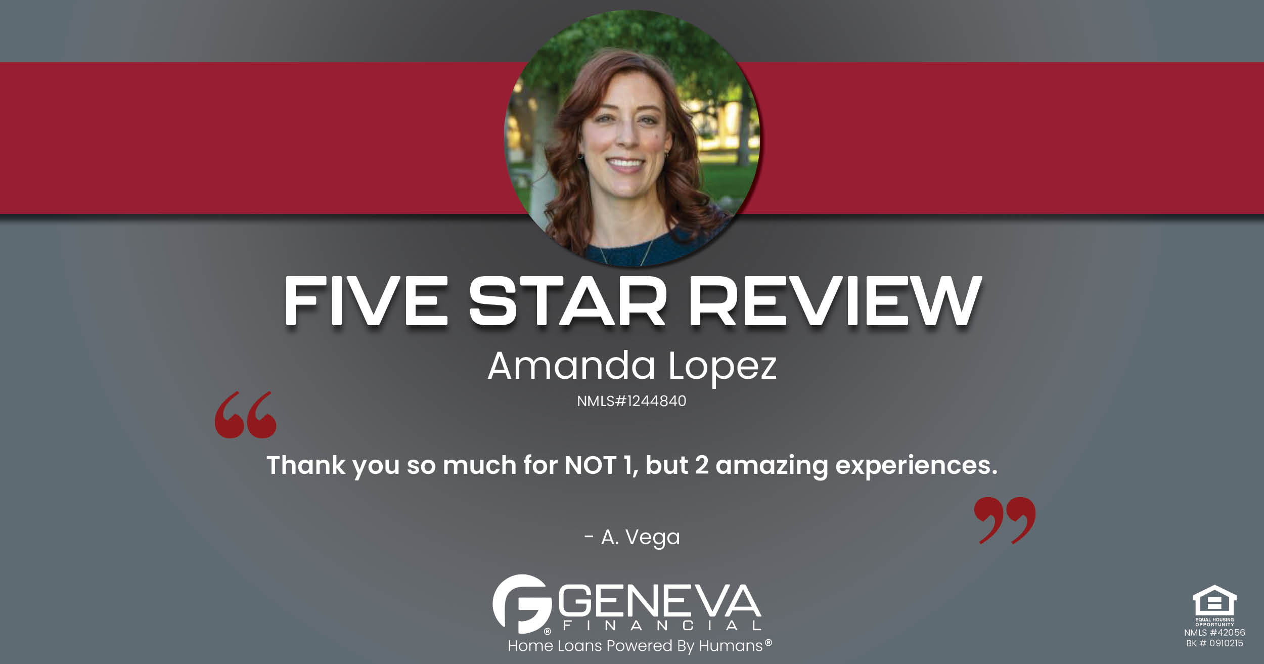5 Star Review for Amanda Lopez, Licensed Mortgage Loan Officer with Geneva Financial, Phoenix, Arizona – Home Loans Powered by Humans®.