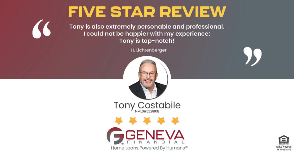 5 Star Review for Tony Costabile, Licensed Mortgage Loan Officer with Geneva Financial, Geneva, IL – Home Loans Powered by Humans®.