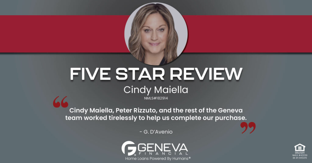 5 Star Review for Cindy Maiella, Licensed Mortgage Loan Officer with Geneva Financial, Glen Gardner, NJ – Home Loans Powered by Humans®.