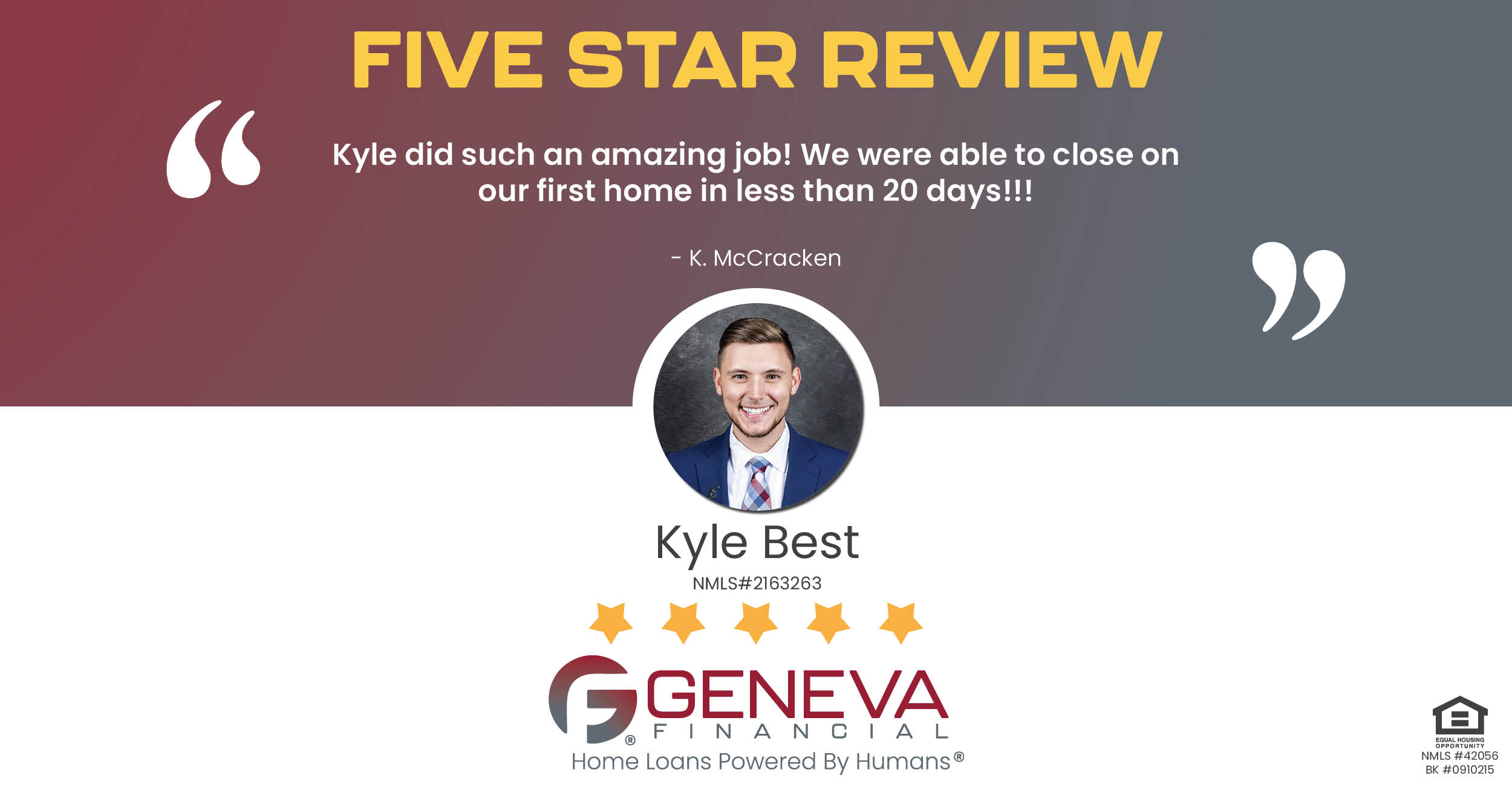 5 Star Review for Kyle Best, Licensed Mortgage Loan Officer with Geneva Financial, Lexington, Kentucky – Home Loans Powered by Humans®.