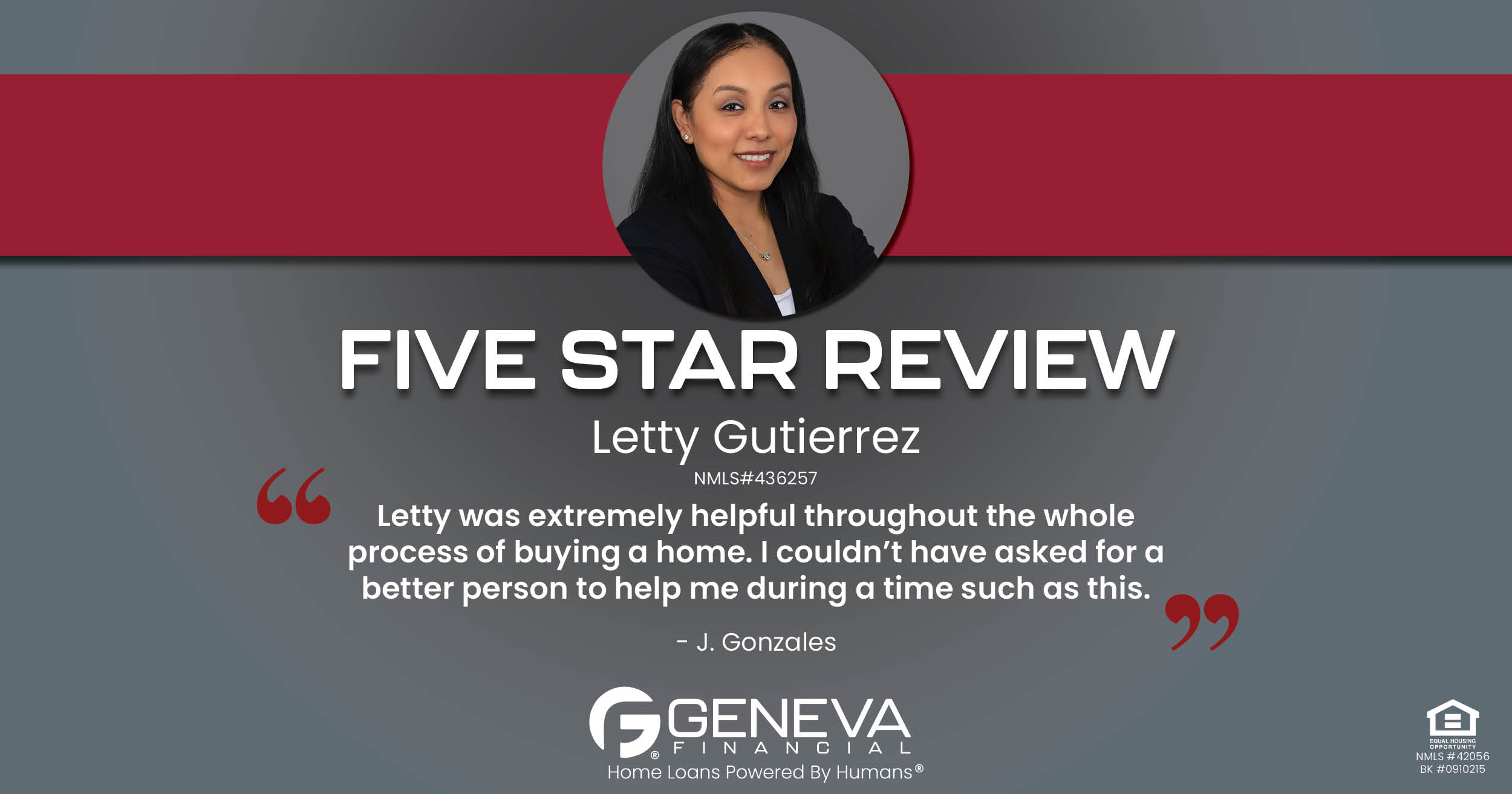 5 Star Review for Letty Gutierrez, Licensed Mortgage Branch Manager with Geneva Financial, Naples, FL – Home Loans Powered by Humans®.