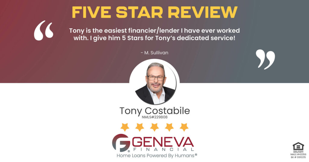 5 Star Review for Tony Costabile, Licensed Mortgage Loan Officer with Geneva Financial, Geneva, IL – Home Loans Powered by Humans®.