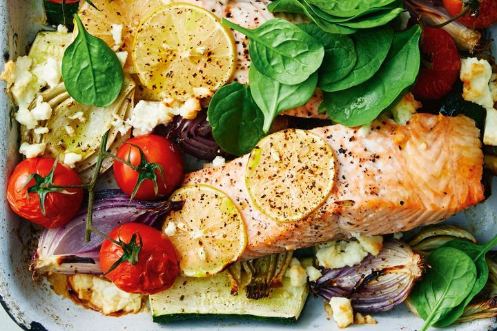 Greek Lemon and Feta Salmon Tray Bake