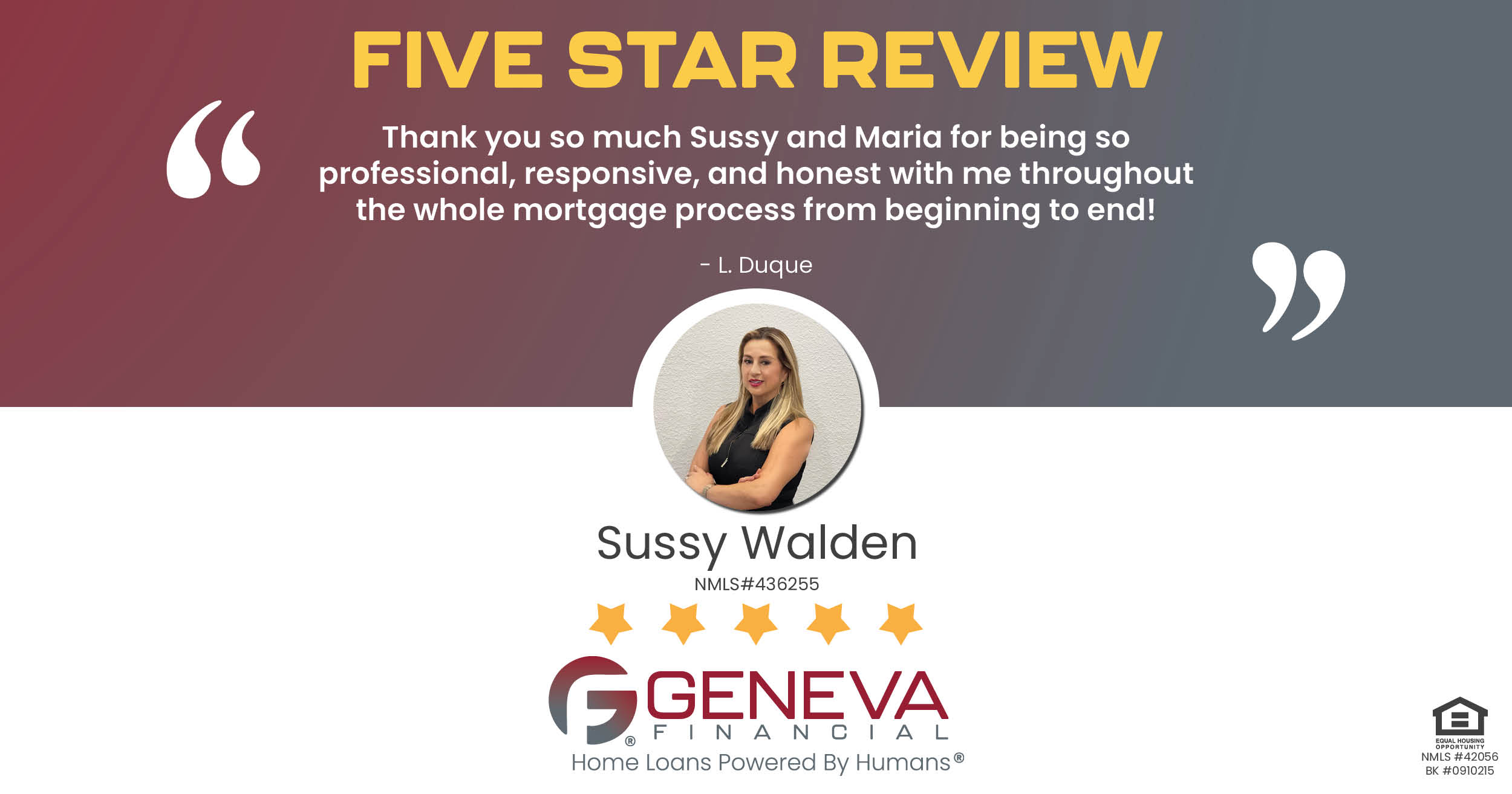 5 Star Review for Sussy Walden, Licensed Mortgage Branch Manager with Geneva Financial, Naples, FL – Home Loans Powered by Humans®.