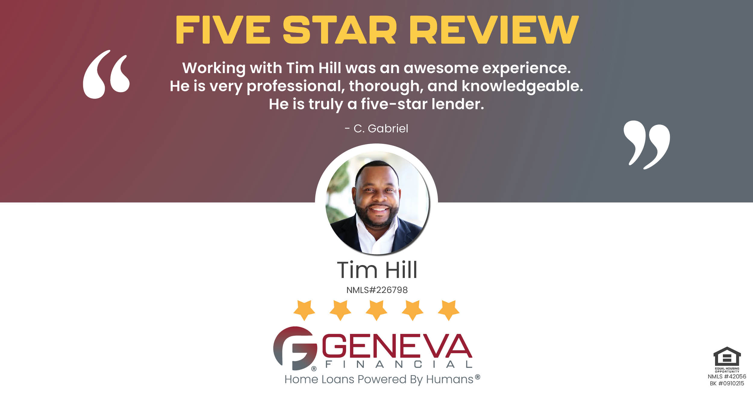 5 Star Review for Tim Hill, Licensed Mortgage Loan Officer with Geneva Financial, Katy, TX – Home Loans Powered by Humans®.