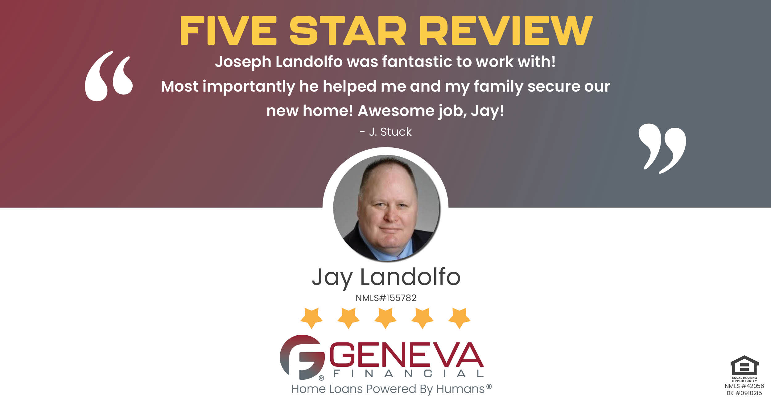 5 Star Review for Jay Landolfo, Licensed Mortgage Branch Manager with Geneva Financial, Westerville, Ohio – Home Loans Powered by Humans®.