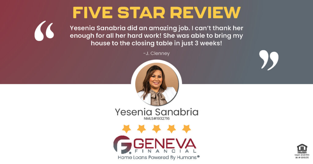 5 Star Review for Yesenia Sanabria, Licensed Mortgage Loan Officer with Geneva Financial, Arkansas – Home Loans Powered by Humans®.