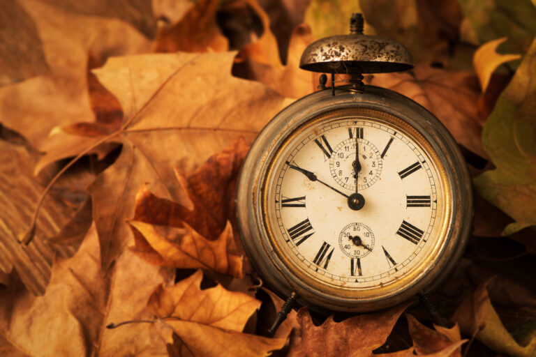 closeup of an old and rusty alarm clock surrounded by dry leaves, depicting the end of the summer time and the beginning of autumn