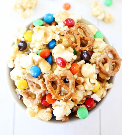 Marshmallow popcorn with M&M's and pretzels on top