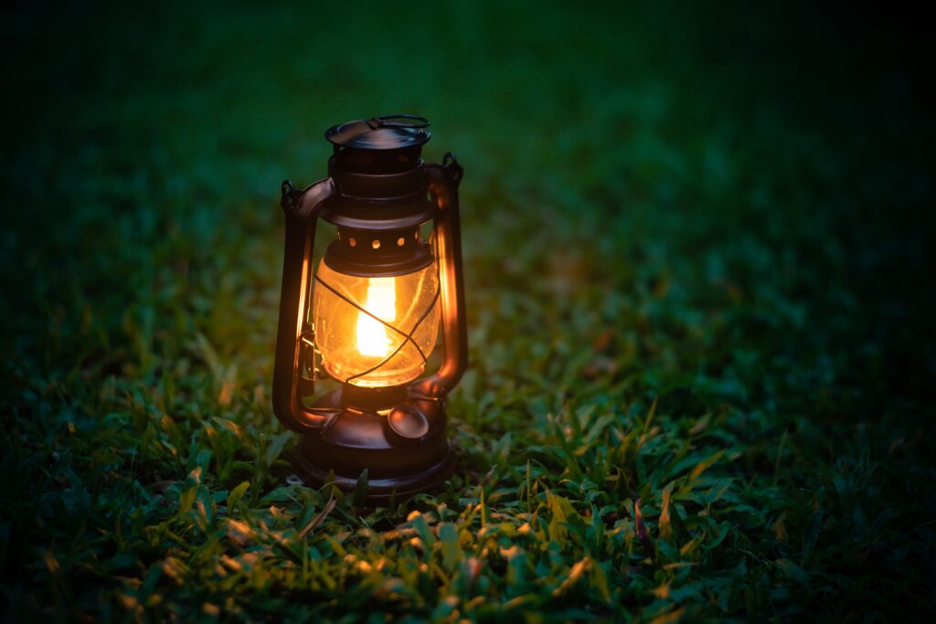antique oil lamp On the grass in the forest in the evening camping atmosphere.