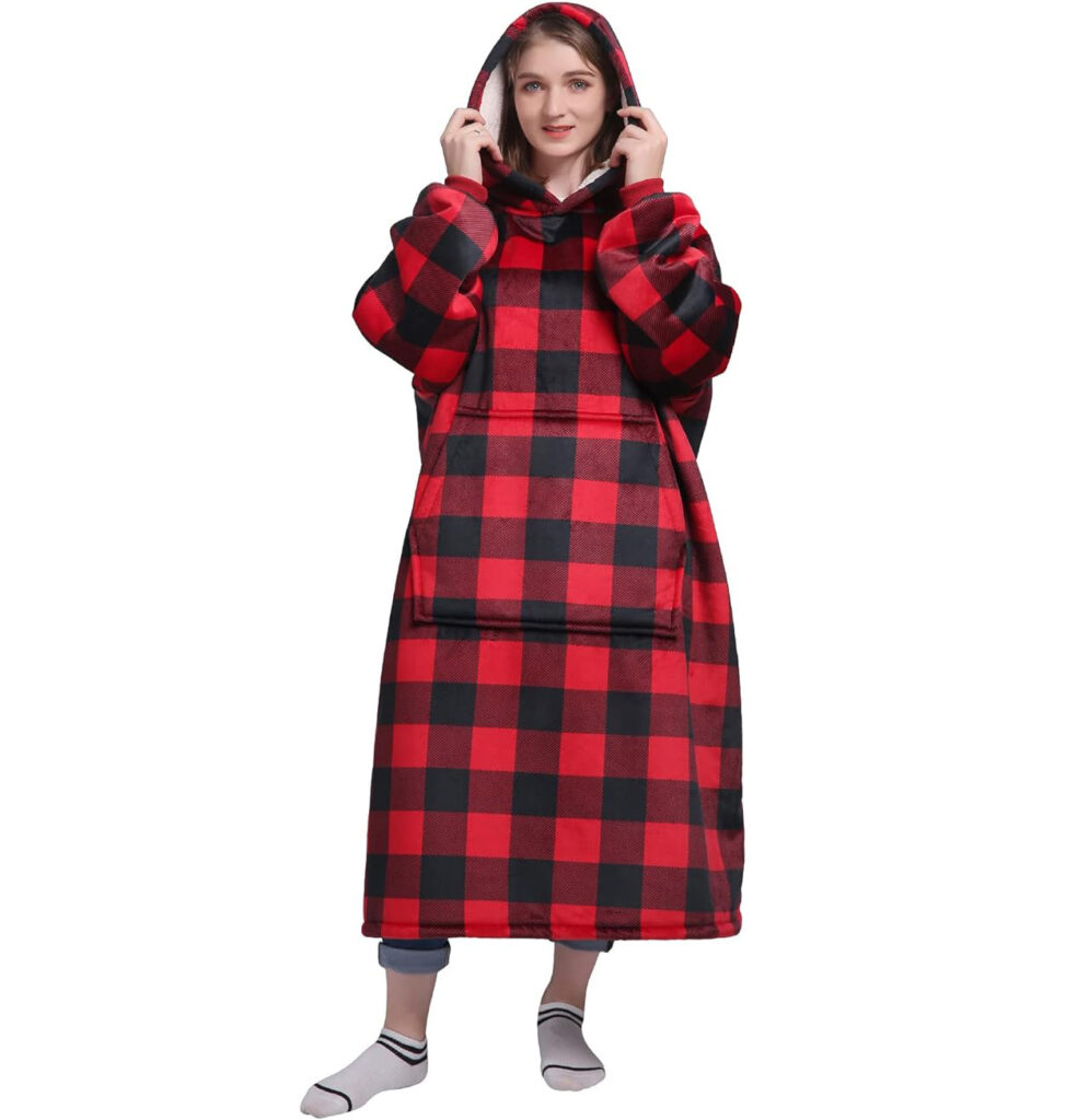 woman wearing plaid blanket hoodie, Waitu Wearable Blanket