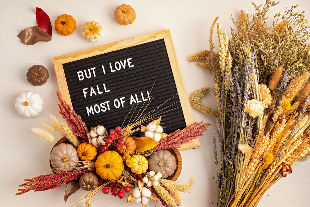 Flat lay with felt letter board and text But i love fall most of all. Autumn table decoration. Floral interior decor for fall holidays with handmade pumpkins.