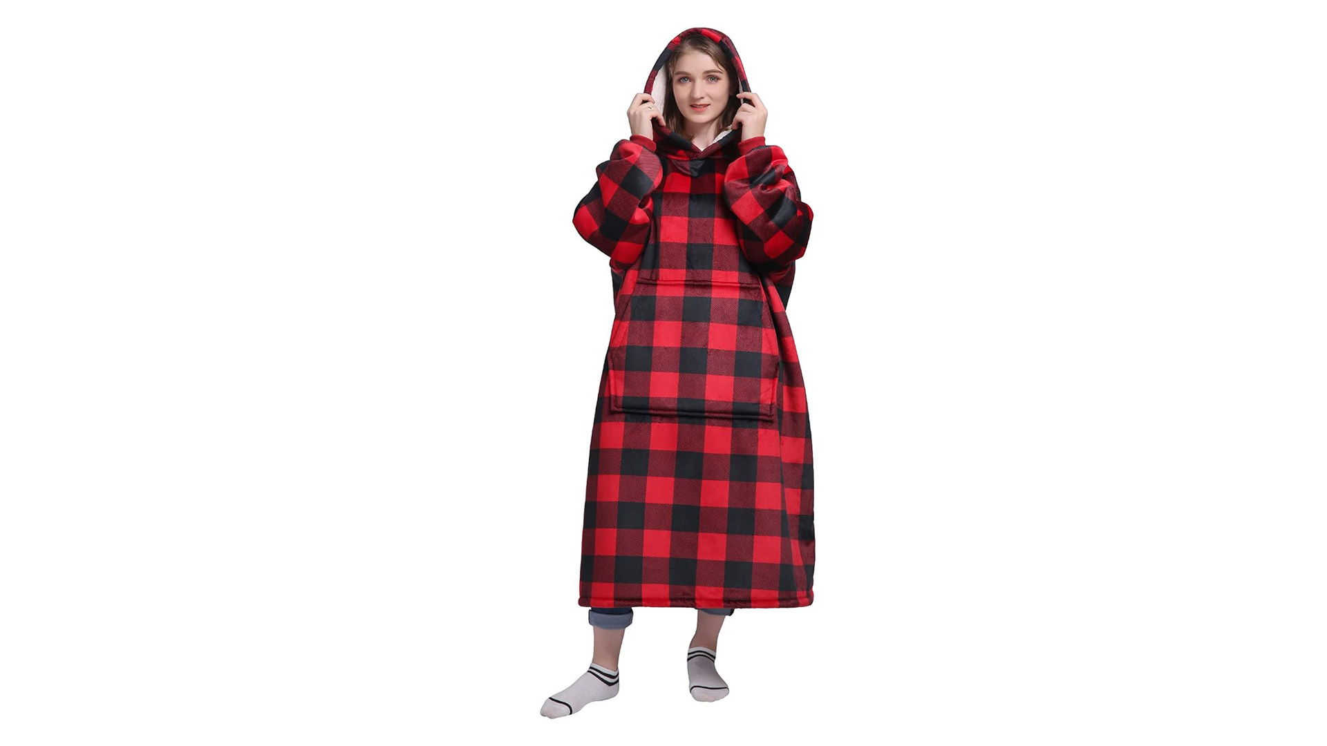 woman wearing plaid blanket hoodie