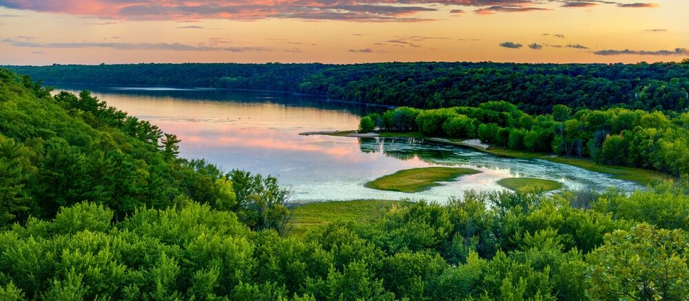 Scenic view overlooking the confluence of the Kinnickinnic and St. Croix rivers and delta at Kinnickinnic State Park in Wisconsin during late summer.