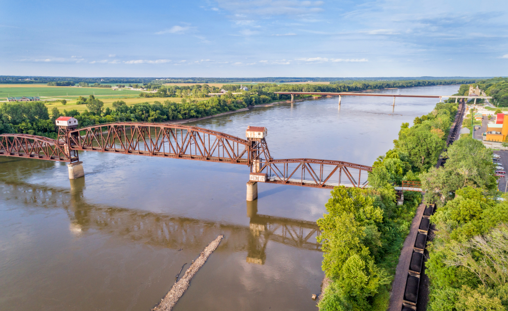 Historic railroad Katy Bridge over Missouri River at Boonville with a lifted midsection and visitor observation deck - aerial view
