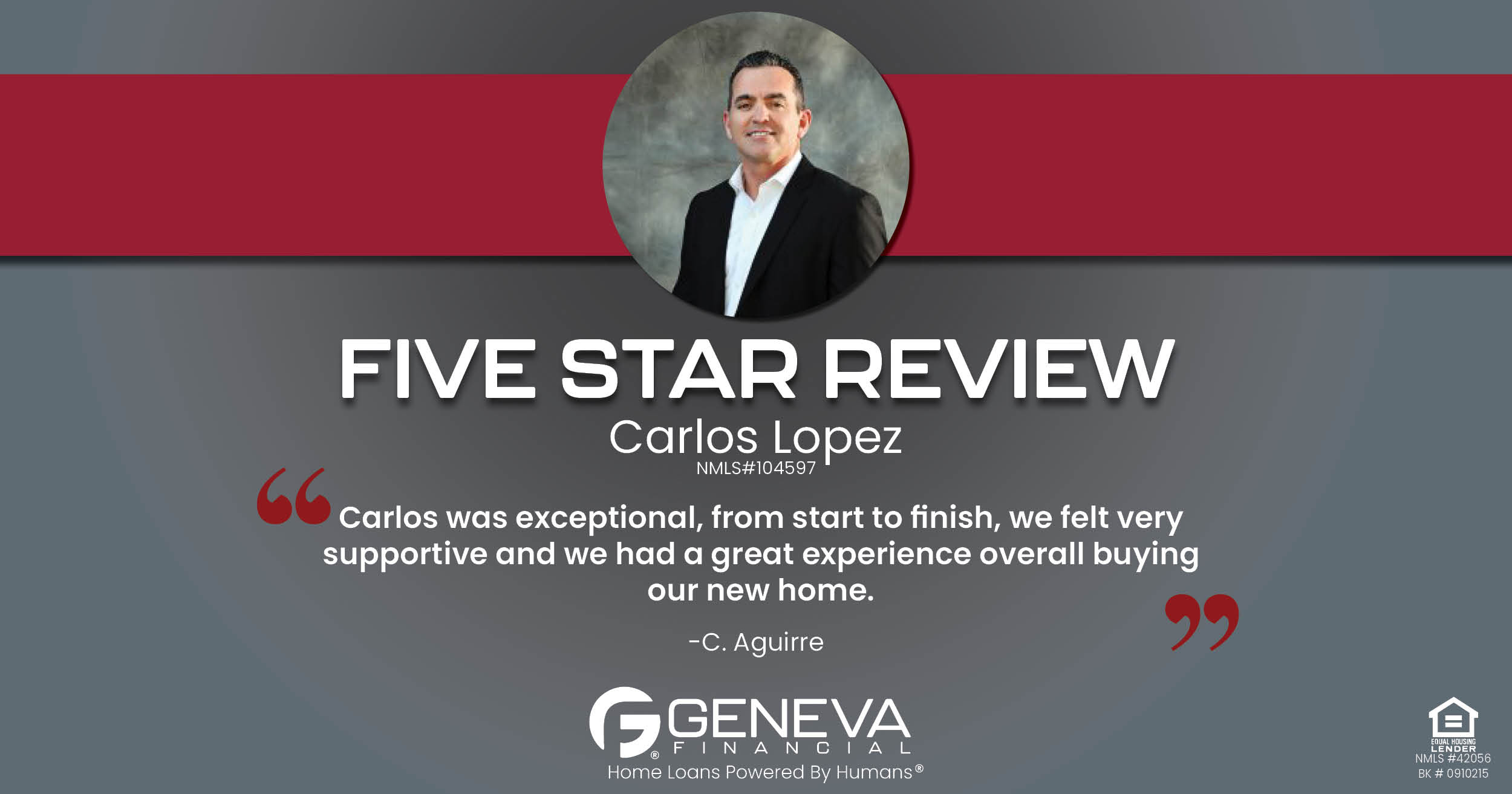 5 Star Review for Carlos Lopez, Licensed Mortgage Loan Officer with Geneva Financial, Frisco, TX – Home Loans Powered by Humans®.