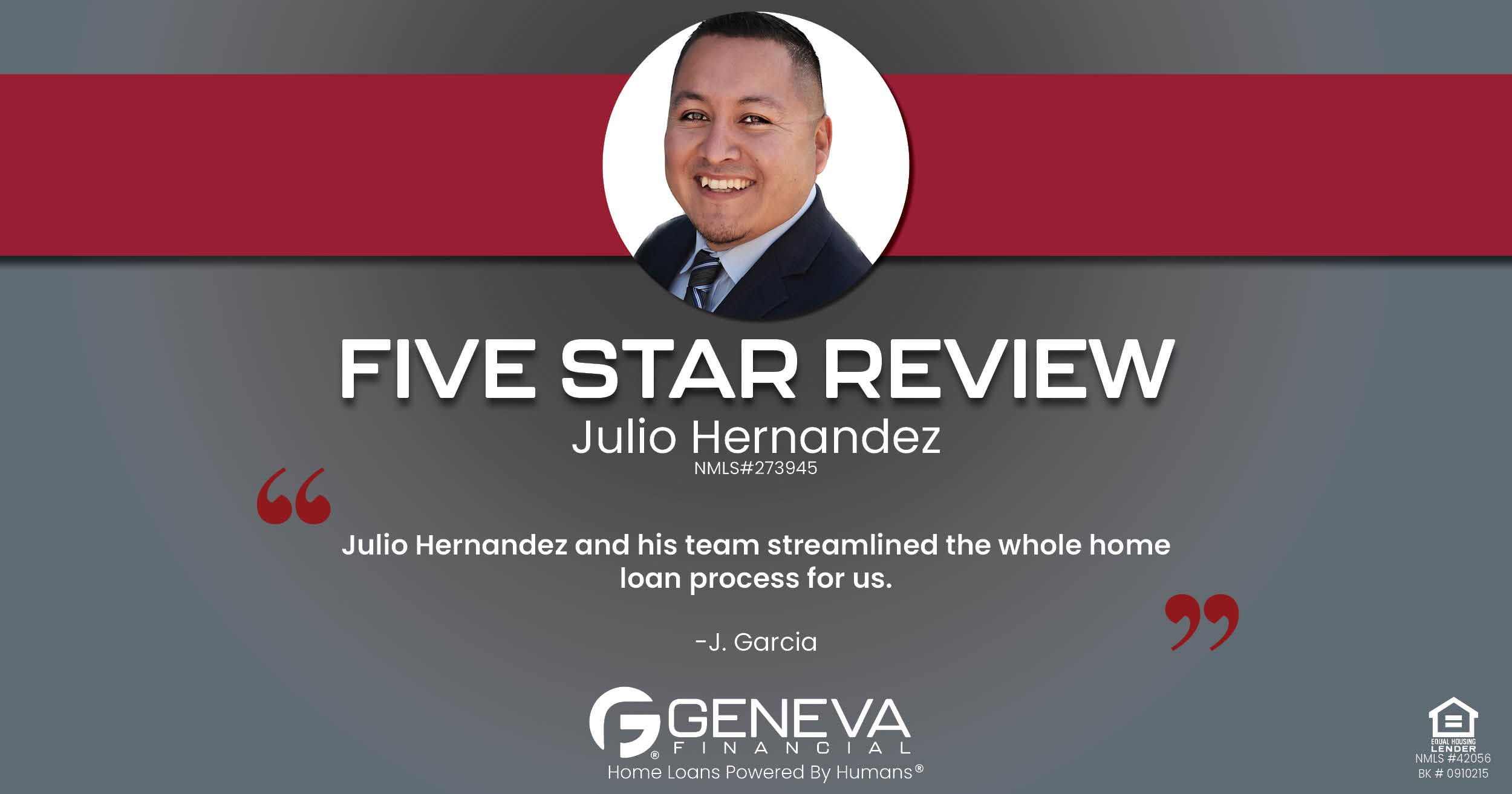 5 Star Review for Julio Hernandez, Licensed Mortgage Loan Officer with Geneva Financial, California – Home Loans Powered by Humans®.