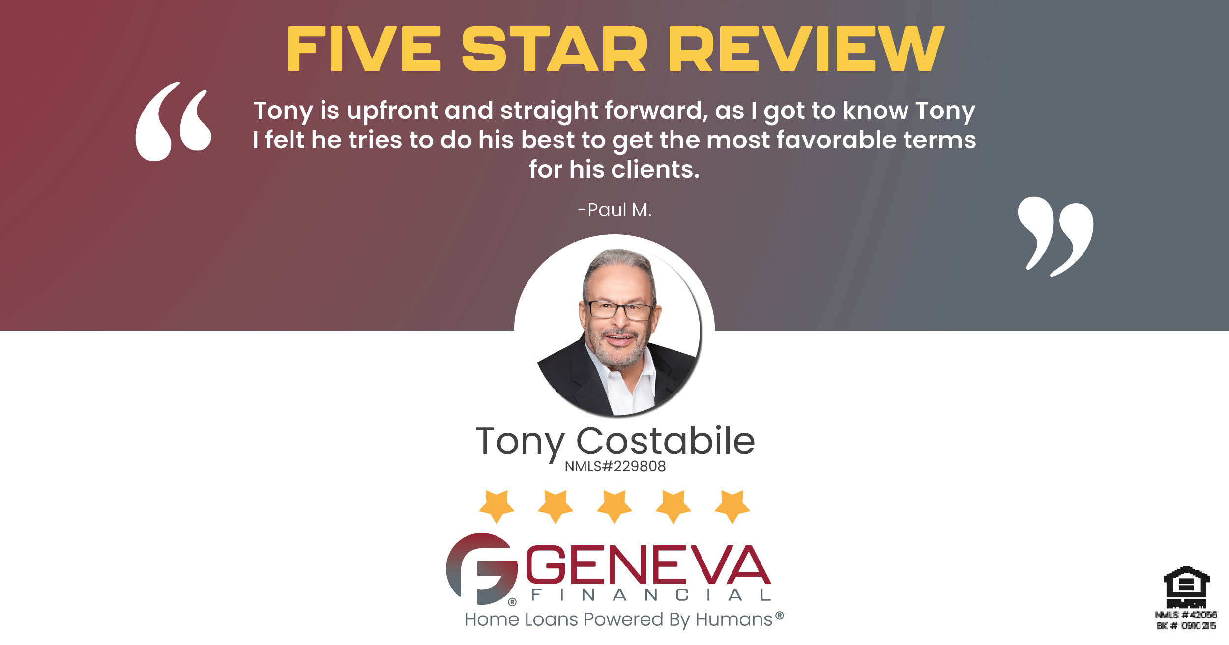 5 Star Review for Tony Costabile, Licensed Mortgage Loan Officer with Geneva Financial, Geneva, IL – Home Loans Powered by Humans®.