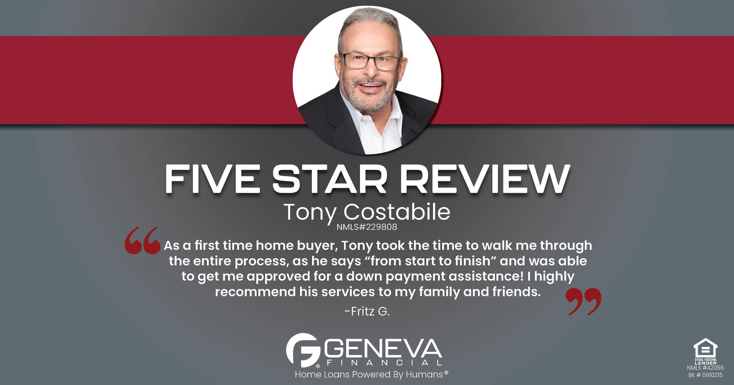 5 Star Review for Tony Costabile, Licensed Mortgage Loan Officer with Geneva Financial, Geneva, IL – Home Loans Powered by Humans®.