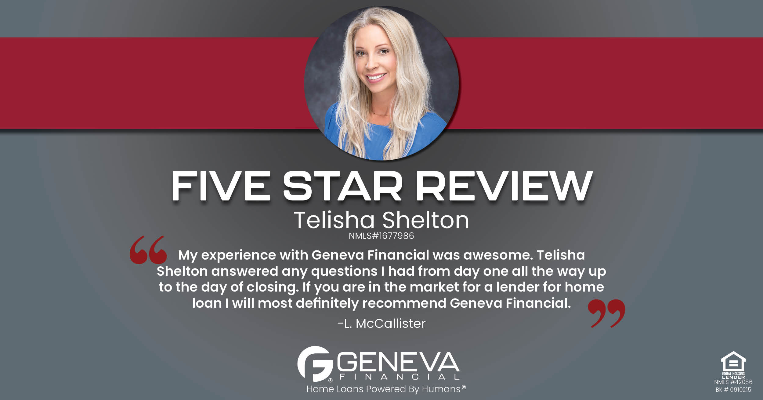 5 Star Review for Telisha Shelton, Licensed Mortgage Loan Officer with Geneva Financial, Tupelo, Mississippi – Home Loans Powered by Humans®.