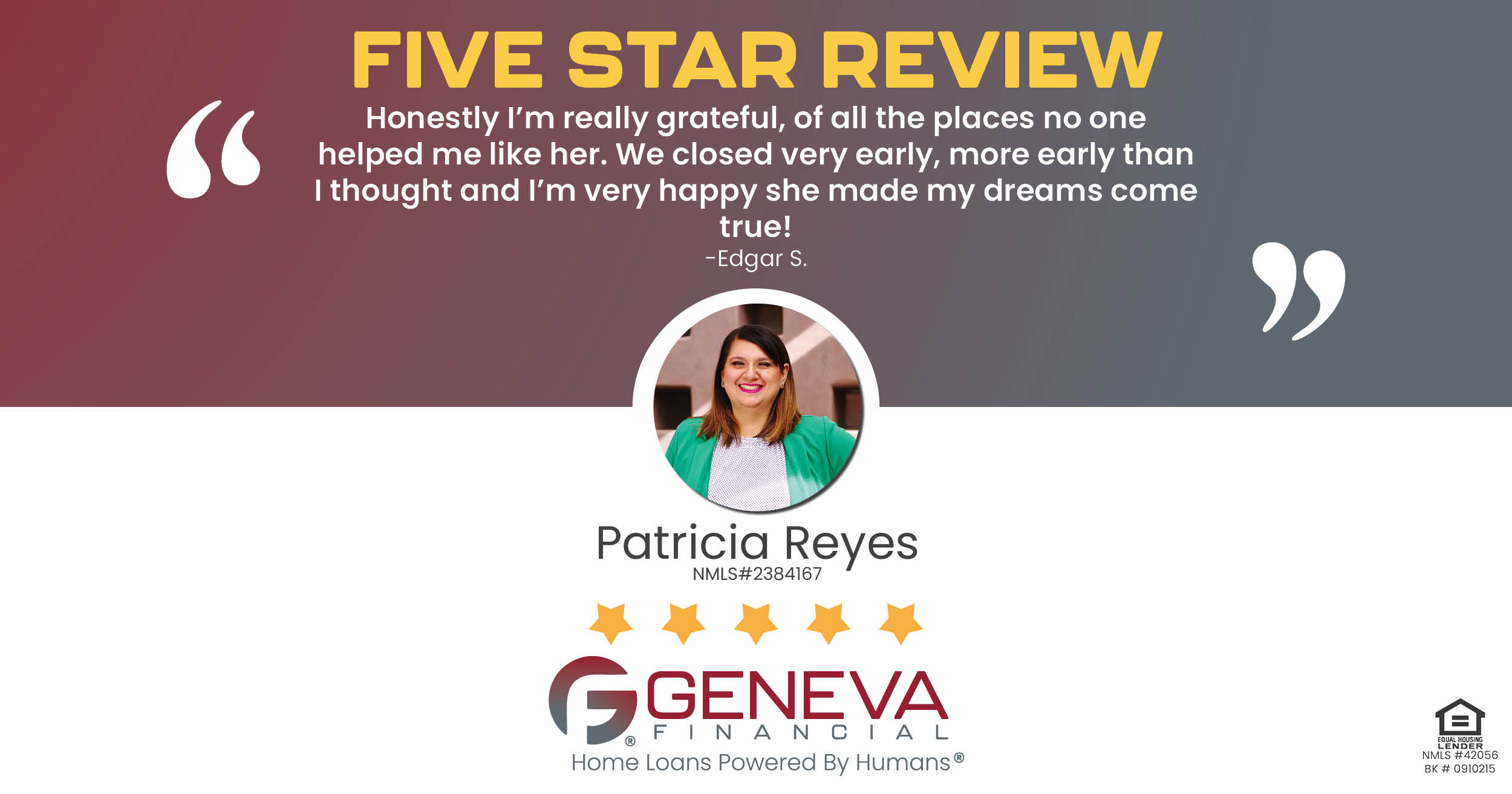 5 Star Review for Geneva Financial loan officer Patricia Reyes, "I’m very happy, she made my dreams come true!"