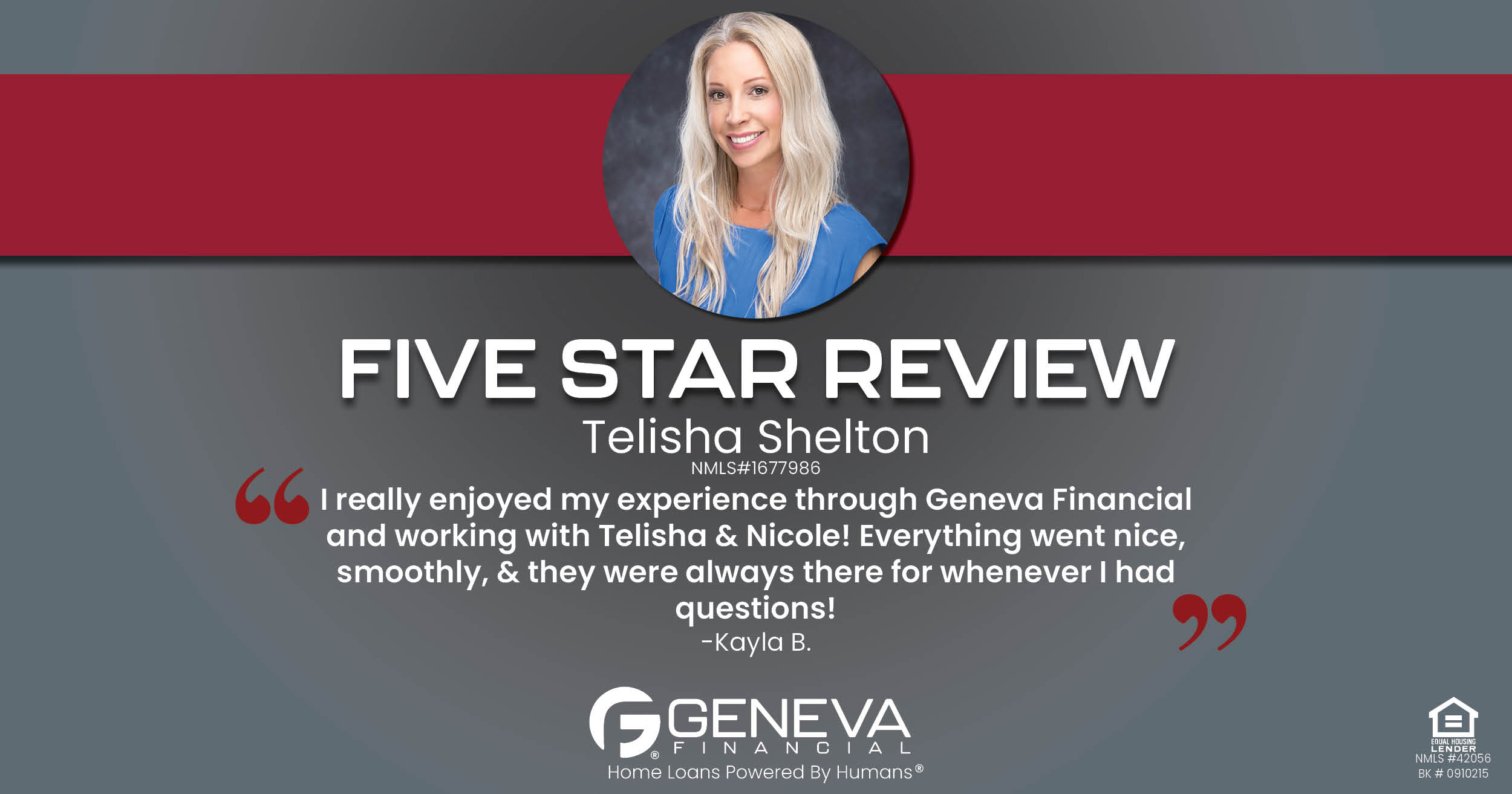 Positive review for Telisha Shelton: "I really enjoyed my experience through Geneva Financial and working with Telisha & Nicole!"