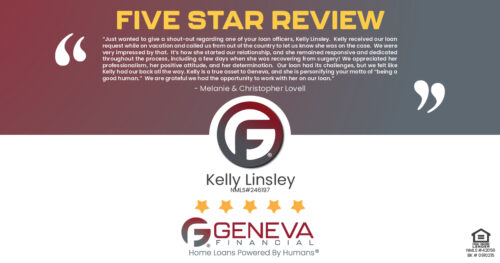 Positive review for Kelly Linsley: "Just wanted to give a shout-out regarding one of your loan officers, Kelly Linsley. Kelly received our loan request while on vacation and called us from out of the country to let us know she was on the case. We were very impressed by that. It's how she started our relationship and she remained responsive and dedicated throughout the process, including a few days when she was recovering from surgery! We appreciated her professionalism, her positive attitude, and her determination. Our loan had its challenges but we felt like Kelly had our back all the way. Kelly is a true asset to Geneva and she is personifying your motto of "being a good human." We are grateful we had the opportunity to work with her on our loan."