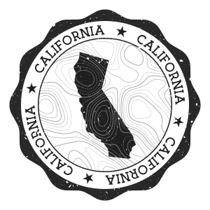 California outdoor stamp. Round sticker with map of us state with topographic isolines. Vector illustration. Can be used as insignia, logotype, label, sticker or badge of the California.